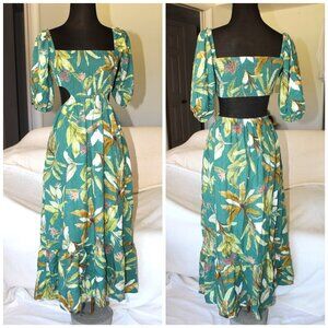 O.P.T Jungle Cut Out Midi Dress Linen Blend Puff Sleeves Hawaiian Floral Size M?